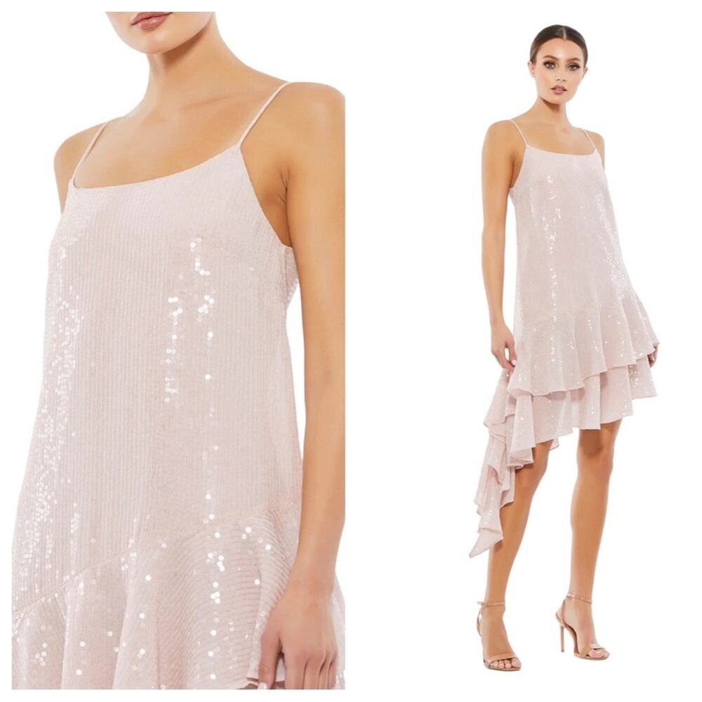 NWT MAC DUGGAL 10796 Rose Pink Sequin Asymmetrical Spaghetti Strap Dress Women’s